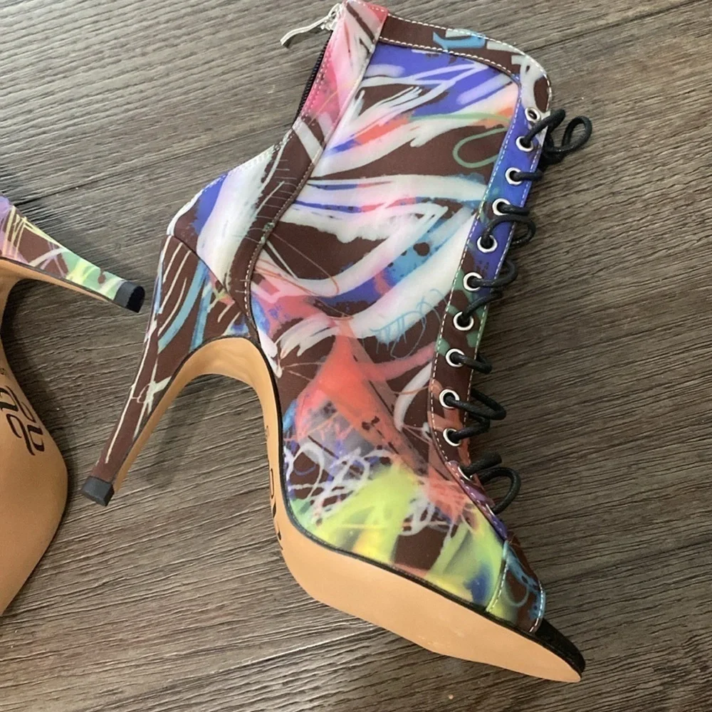 NWT BURJU Sofiya graphic multi color Open Toe Lace Up Ankle Boots | 6 1/2 - Picture 6 of 12